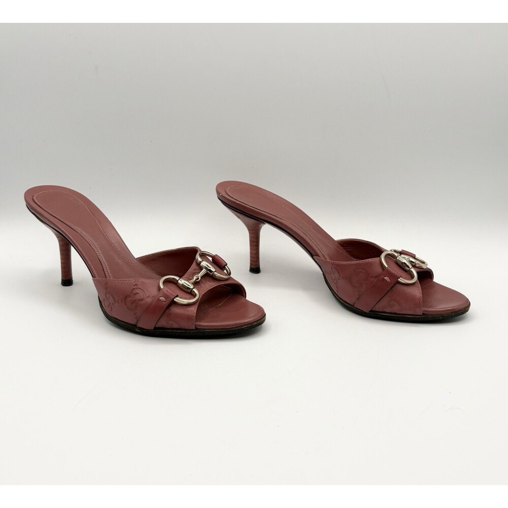 Gucci Pink Guccissima Leather Mules Kitten Heels Silver Horse-bit Accent EU 35.5 - Picture 3 of 13